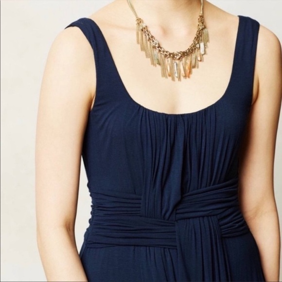 Anthropologie Bailey 44 Navy Blue Maxi Dress Sz Large Slit Scoop Neck Ruched - Picture 4 of 13